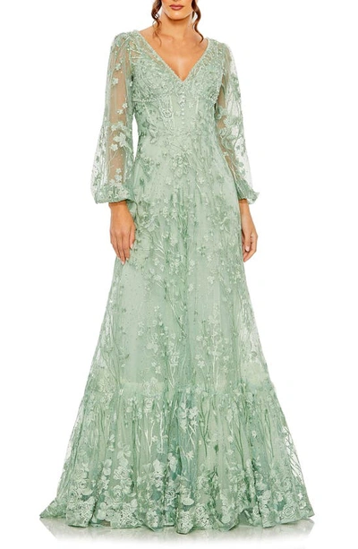 Mac Duggal Floral Embroidered Illusion Long Sleeve Gown In Sage