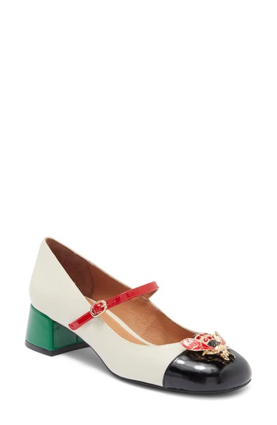 Jeffrey Campbell Jitterbug Cap Toe Mary Jane Pump In Ivory/black/red Patent