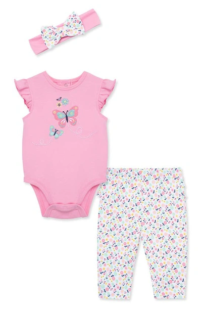 Little Me Baby Girls Butterfly Bodysuit Pant Set With Headband In Pink