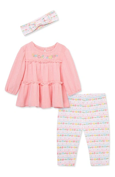 Little Me Baby Girls' Garland Bow Headband, Tunic, & Leggings Set - Baby In Pink