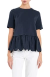 English Factory Mixed Media Scallop Peplum Cotton Top In Navy