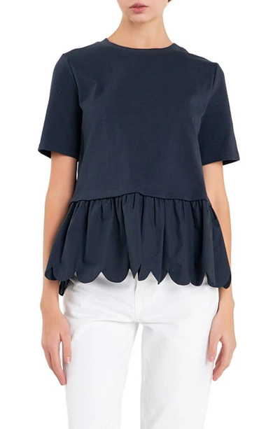 English Factory Mixed Media Scallop Peplum Cotton Top In Navy