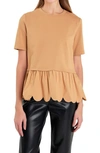 English Factory Mixed Media Scallop Peplum Cotton Top In Tan