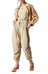 FREE PEOPLE RUCHED MIXED MEDIA COTTON JUMPSUIT