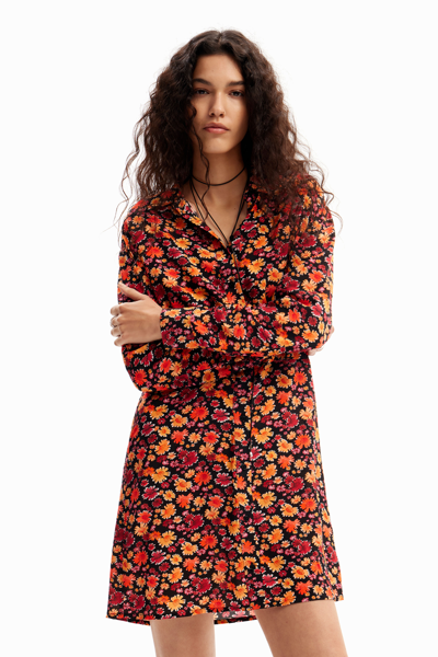 Desigual Yesh Floral Long Sleeve Mini Shirtdress In Red