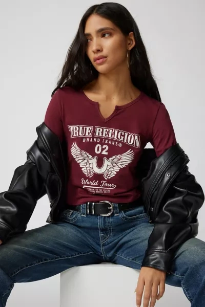 True Religion Long Sleeve Graphic Tee In Maroon, Women's At Urban Outfitters