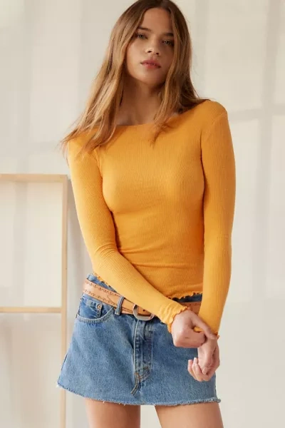 Out From Under Libby Ribbed Lightweight Long Sleeve Top In Light Orange, Women's At Urban Outfitters
