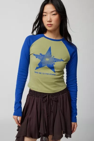 Urban Outfitters Take Me To The Stars Long Sleeve Raglan Tee In Green, Women's At