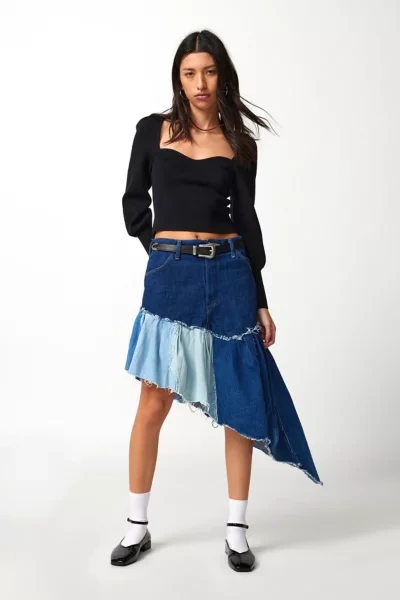 Urban Renewal Re/creative Remade Asymmetric Denim Ruffle Skirt In Indigo, Women's At Urban Outfitters