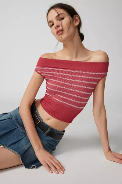 Out From Under Paige Seamless Off-the-shoulder Top In Red/white, Women's At Urban Outfitters In Red Stripe