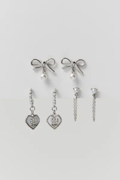 Urban Outfitters Pearl Bow Heart Delicate Earring Set In Silver, Women's At