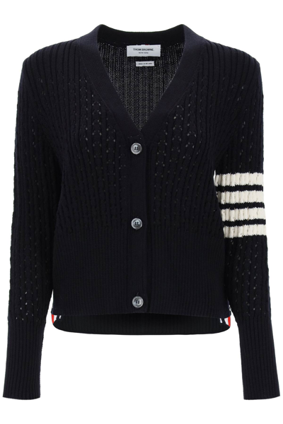Thom Browne V-neck Cardigan W/ 4 Bar In Irish Pointelle Cable 5gg Sustainable Merino Wool In Blue