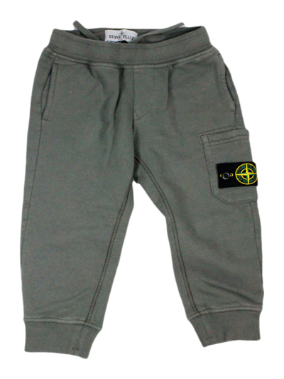 Stone Island Kids' Jogging Trousers In Stretch Cotton Fleece With Elastic And Drawstring Waist And Pocket On The Leg In Grigio