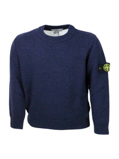Stone Island Kids' Long-sleeved Crew-neck Sweater In Wool Blend With Badge On The Left Sleeve In Blu