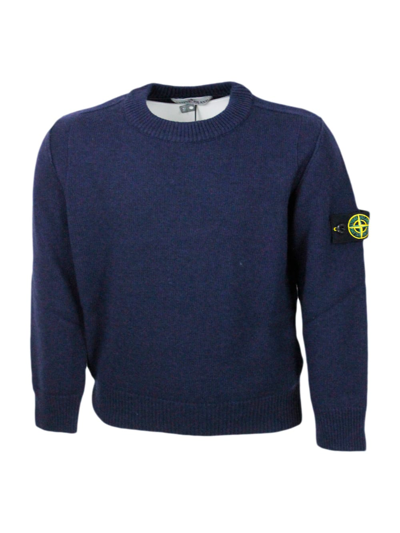 Stone Island Kids' Long-sleeved Crew-neck Sweater In Wool Blend With Badge On The Left Sleeve In Blue