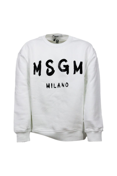 Msgm Kids' Long-sleeved Crewneck Sweatshirt With Logo Lettering In White
