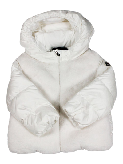 Moncler Kids' Natas Down Jacket With Hood And Logo On The Sleeve In Real Goose Down With Front In Soft Teddy Bear In White