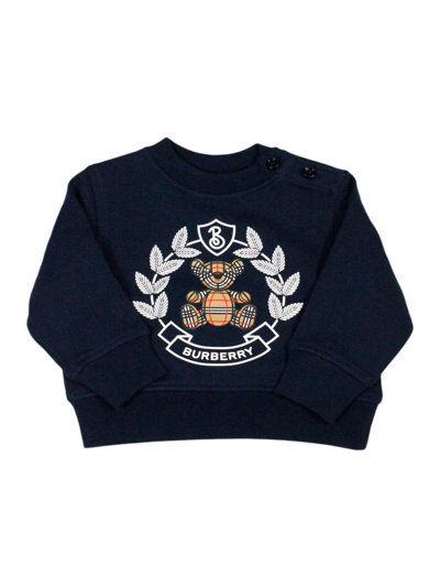 Burberry Babies' Crewneck Sweatshirt With Buttons On The Neck In Cotton Jersey With Classic Check Teddy Bear Print On In Blu
