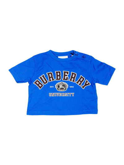 Burberry Babies' Crew-neck T-shirt With Buttons On The Neck In Cotton Jersey With University Print In Blu