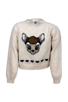 Monnalisa Crewneck Sweater In Wool With Inlay On The Front In Beige
