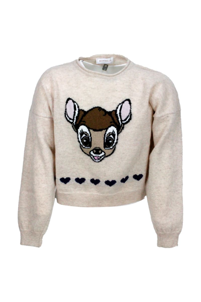 Monnalisa Kids' Crewneck Sweater In Wool With Inlay On The Front In Beige