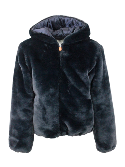 Save The Duck Kids' Chloe Reversible Down Jacket In Faux Fur With Hood With Animal Free Padding With Animal Free Padding In Black