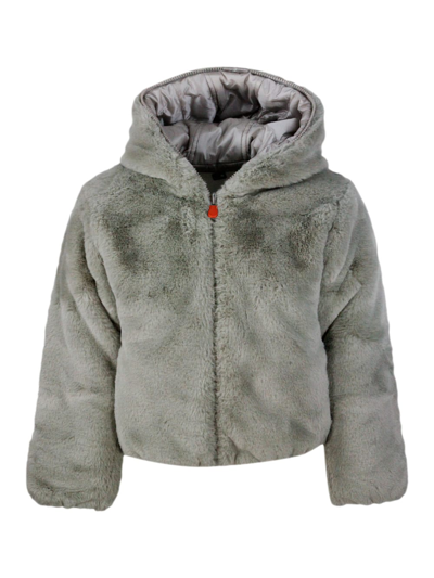 Save The Duck Kids' Chloe Reversible Down Jacket In Faux Fur With Hood With Animal Free Padding With Animal Free Padding In Greige