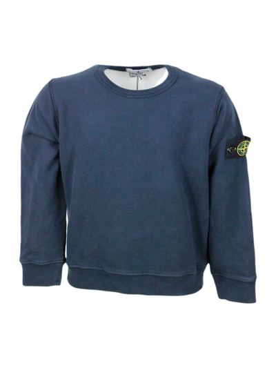 Stone Island Kids' Long-sleeved Crewneck Sweatshirt In Stretch Cotton With Badge On The Left Sleeve In Blu