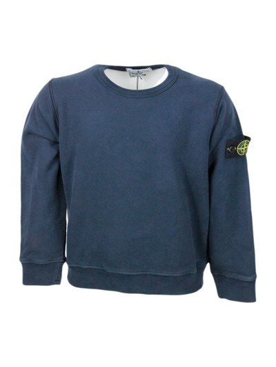 Stone Island Kids Long sleeved Crewneck Sweatshirt In Stretch Cotton With Badge On The Left Sleeve In Blu ModeSens