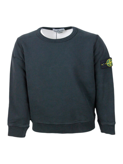 Stone Island Kids' Long-sleeved Crewneck Sweatshirt In Stretch Cotton With Badge On The Left Sleeve In Black