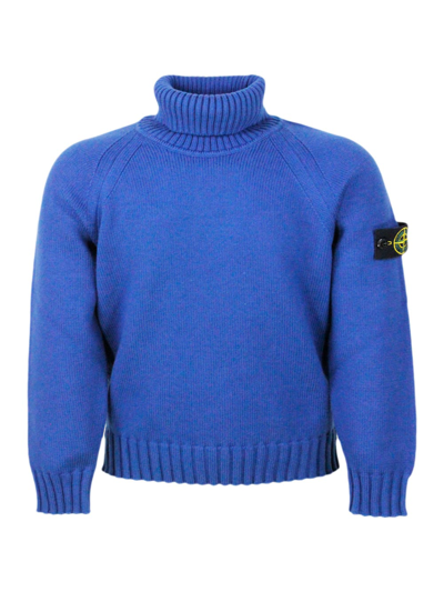 Stone Island Kids' Long-sleeved Turtleneck Sweater In Warm Stretch Cotton With Badge On The Left Sleeve In Blu Royal