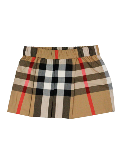 Burberry Kids' Skirt In Cotton Jersey With Elastic Waistband In Classic Check With Front Pleat In Beige