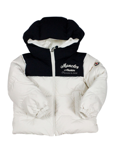 Moncler Kids' Joe Down Jacket Padded In Real Two-tone White And Blue Goose Down With Hood And Zip Closure Welt Poc