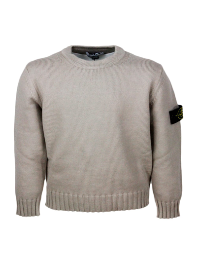 Stone Island Kids' Long-sleeved Round-neck Sweater In Warm Cotton With Badge On The Left Sleeve In Nut