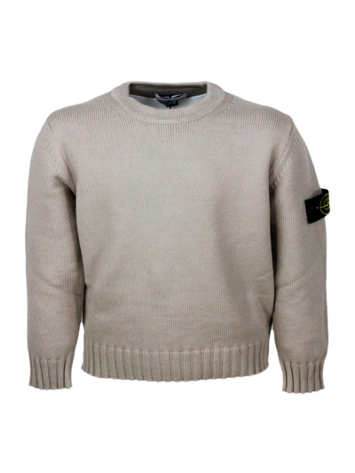 Stone Island Kids' Long-sleeved Round-neck Sweater In Warm Cotton With Badge On The Left Sleeve In Brown