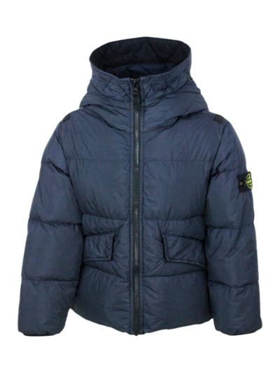 Stone Island Kids' Down Jacket In Real Goose Down With Hood In Nylon Metal Econyl In Regenerated Yarns.  Ba In Blue