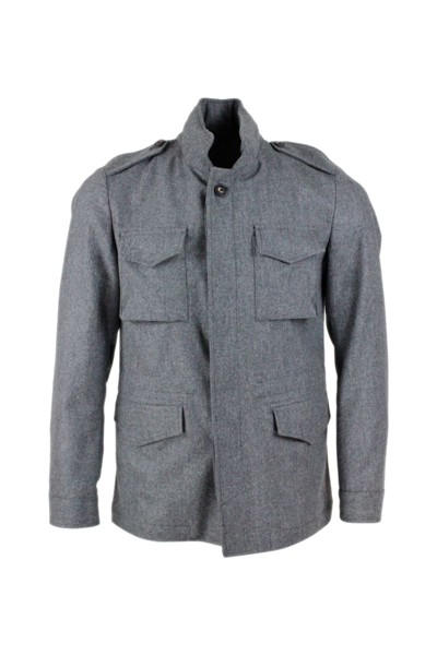 Barba Napoli Mens Field Jacket In Pure Virgin Wool, Unlined With Internal Drawstring With Button Closure, Pockets In Grey