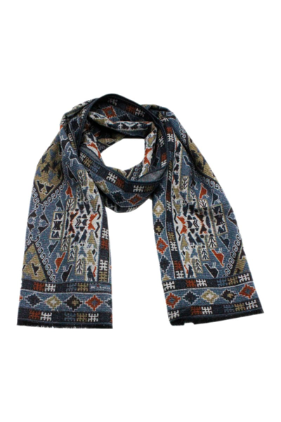 Kiton Light Scarf With Small Fringes At The Bottom With A Patterned Motif In Blue