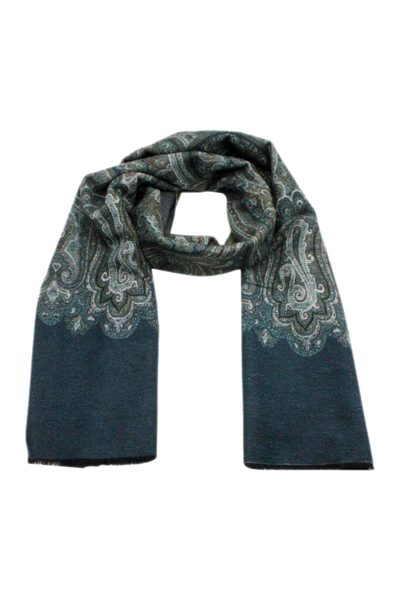 Kiton Light Scarf With Small Fringes At The Bottom With A Patterned Motif In Green