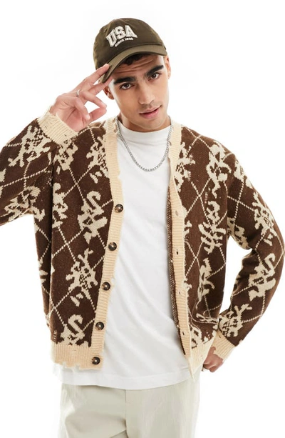 Asos Design Fluffy Oversized Cardigan With Nibbling In Brown Houndstooth