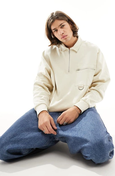Asos Design Oversize Half Zip Cotton Sweatshirt In Beige