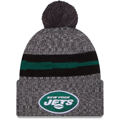 New Era Gray New York Jets 2023 Sideline Sport Cuffed Pom Knit Hat In Black