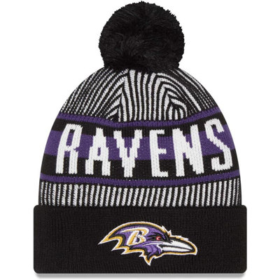 New Era Kids' Youth  Black Baltimore Ravens Striped  Cuffed Knit Hat With Pom