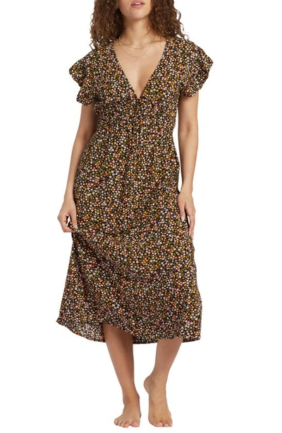 Billabong Picnic Date Floral Shirred Dress In Black Sands