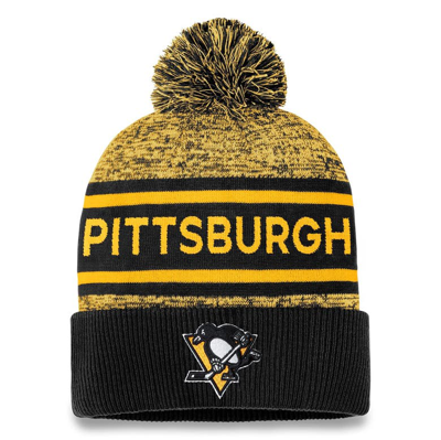 Fanatics Branded Black/gold Pittsburgh Penguins Authentic Pro Cuffed Knit Hat With Pom In Black,gold