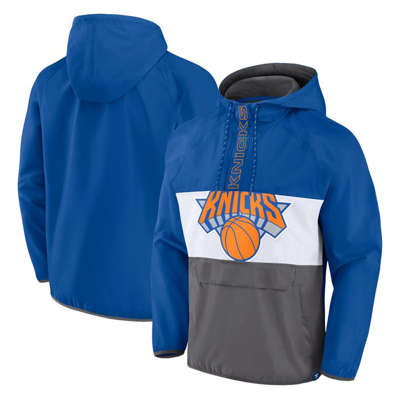 Fanatics Branded  Blue/gray New York Knicks Anorak Flagrant Foul Color-block Raglan Hoodie Half-zip In Blue,gray