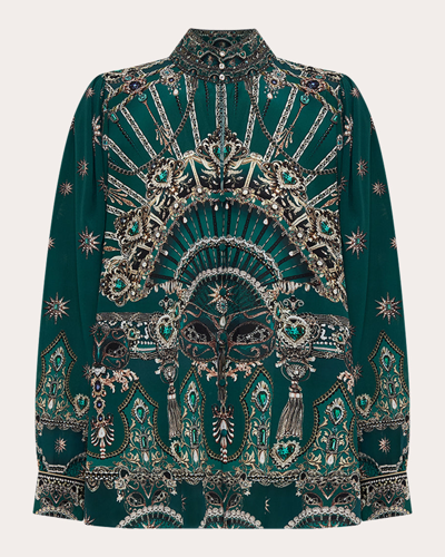 Camilla Women's Chain-print Silk Long-sleeve Blouse In Green