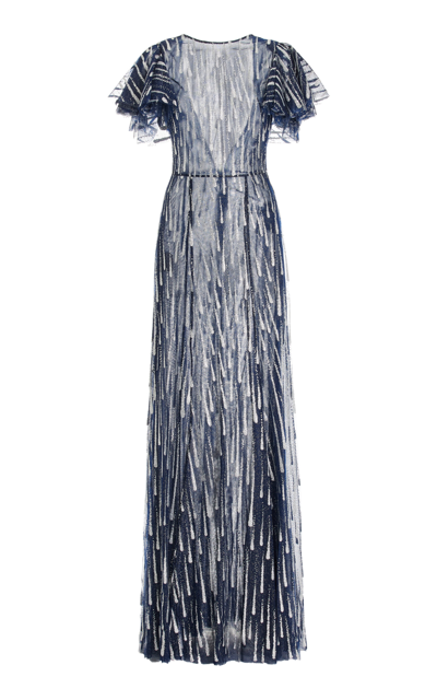 The Vampire's Wife The Silver Rain Glittered-tulle Gown In Dark Blue/silver