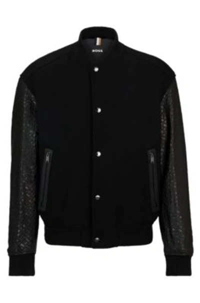 Hugo Boss Varsity-style Jacket With Monogram-embossed Leather Sleeves In Black
