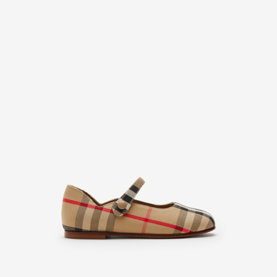 Burberry Childrens Check Mary Jane Flats In Archive Beige